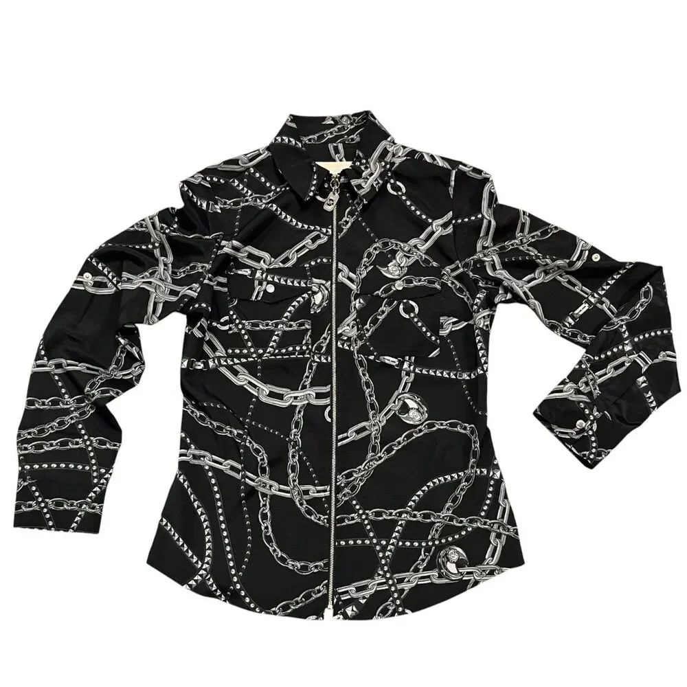 MICHAEL KORS BLACK Women's Lightweight Summer Jacket Chain & Lock Print Size S